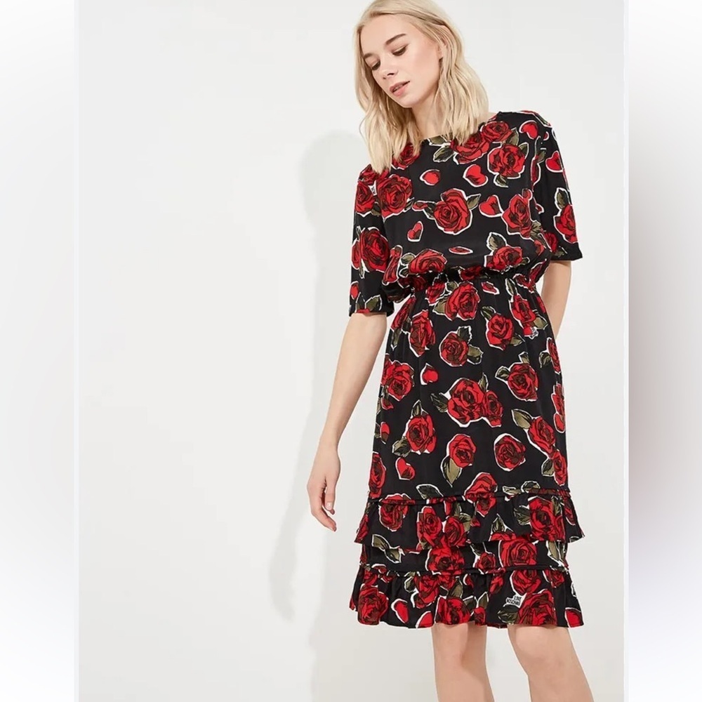 Love Moschino Black And Red Rose Midi Dress Sz 2